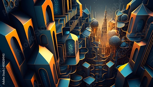 Futuristic Cityscape D of Shimmering Geometric Patterns and Metallic Mosaics
