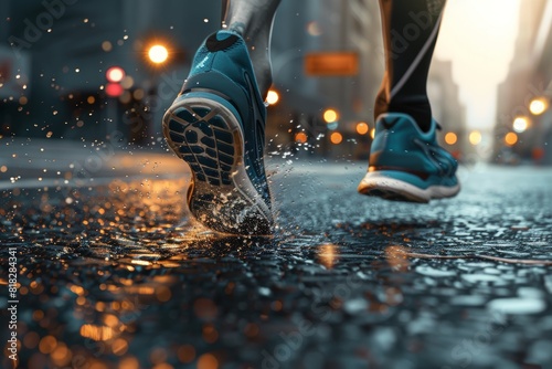 Urban Running: Close-Up of Athletic Shoes Splashing Through Puddle in City Street at Dawn, Fitness and Endurance photo