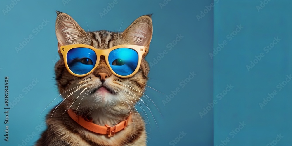 Potrait illustration of a cute cat wearing glasses to welcome the summer holidays on a blue background