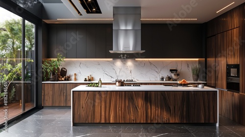 Modern kitchen interior with dark wood cabinets, a white marble countertop, and an integrated range hood photo