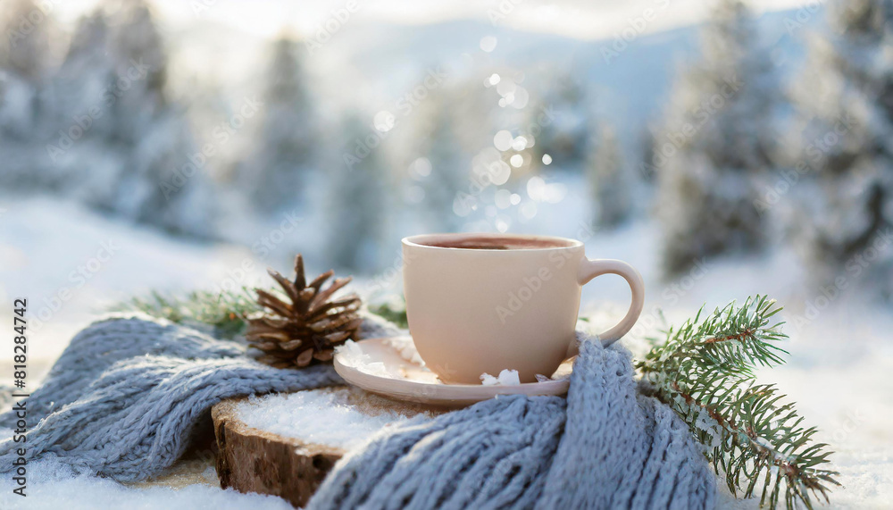 hot coffee or tea in a cup standing on a knitted scarf in the snow with flying glowing snowflakes in the background. Mockup background with empty space for text, presentation product. Generative AI hot coffee or tea in a cup standing on a knitted scarf in the snow with flying glowing snowflakes in the background. Mockup background with empty space for text, presentation product. Generative AI