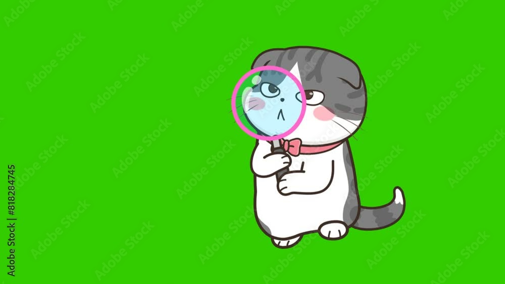 Animated Cat with Magnifying Glass on Green Screen for Easy Keying Animated Cat with Magnifying Glass on Green Screen for Easy Keying