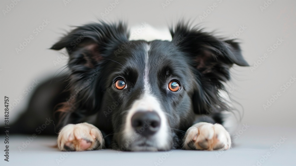 Sophisticated Border Collie Dog Resting on Plain Background, Room for Text Overlay