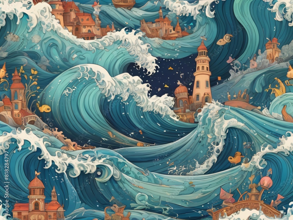 unique cartoon illustration of fairy-tale sea waves