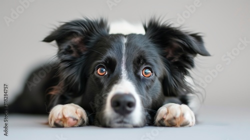 Sophisticated Border Collie Dog Resting on Plain Background, Room for Text Overlay © Hammad