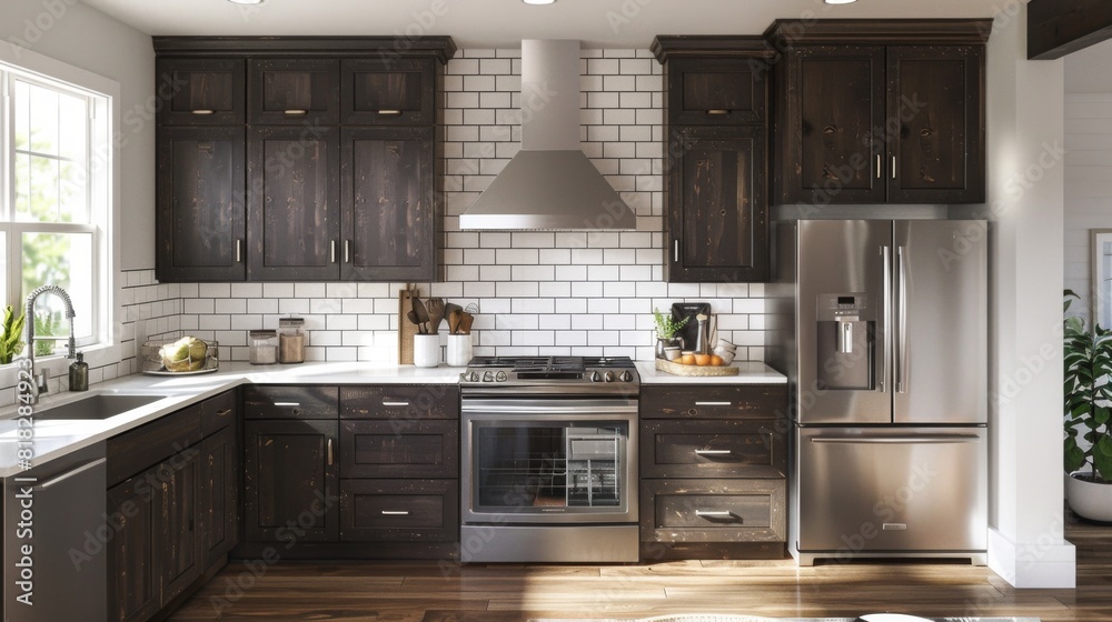 Fototapeta premium Modern kitchen interior with dark wood cabinets, a white subway tile backsplash, and stainless steel appliances