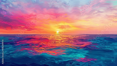 vibrant abstract ocean sunset painting with colorful brushstrokes and wavy texture digital art