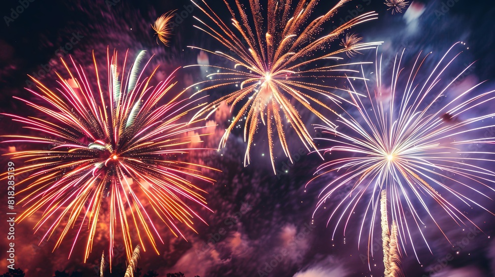 Illuminate the night sky with bursts of vibrant fireworks, painting a tableau of freedom and hope. Explosions of color and light dance across the heavens, celebrating the birth of a nation.