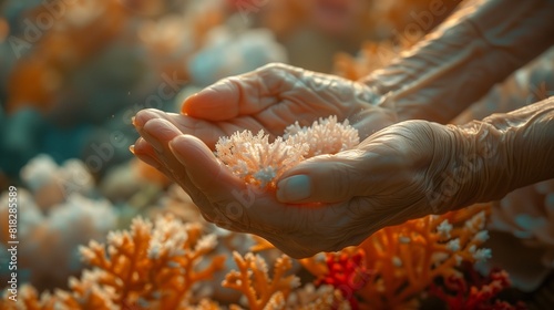 Supportive Elderly Care Hands with Coral Art Accents, Captured in a Clear, Photorealistic Environment photo