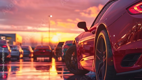 Rear view of a car in a row on a road at sunset © Obsidian