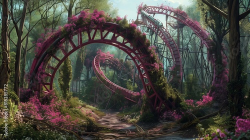 Ultra HD image of a magenta rollercoaster  twisted with vines and wildflowers  in an amusement park reclaimed by the forest