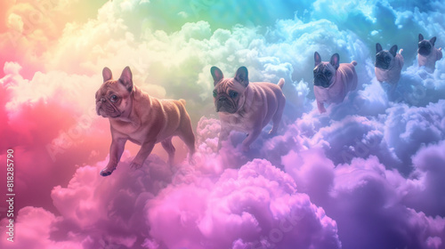 Pug dogs running on a rainbow clouds