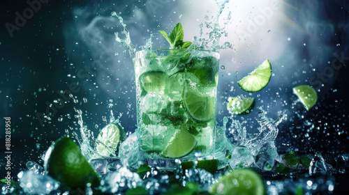 Mojito cocktail, mixed drink with mint and lime, with splash, dark background, studio shot