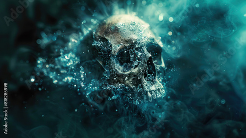 Dark skull with liquid splash and smoke photo