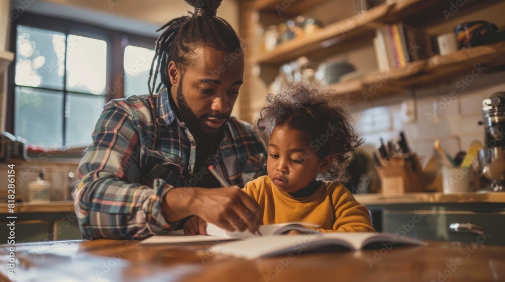 Parent helping their child with homework at a kitchen table Parent helping their child with homework at a kitchen table