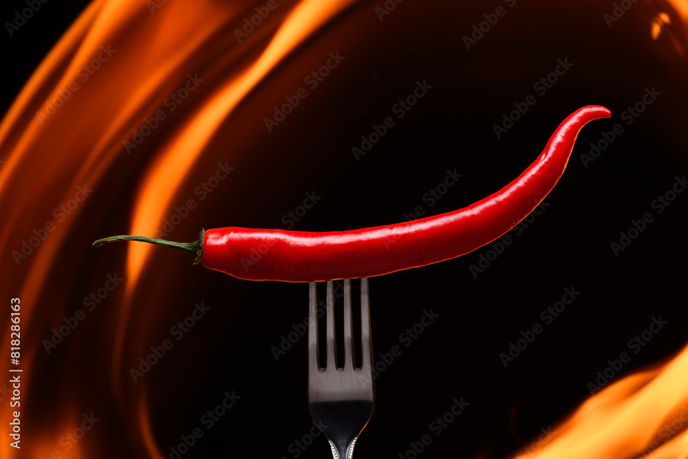 red chili pepper, pricked on a fork, on a background of burning fire, flames on a black background red chili pepper, pricked on a fork, on a background of burning fire, flames on a black background