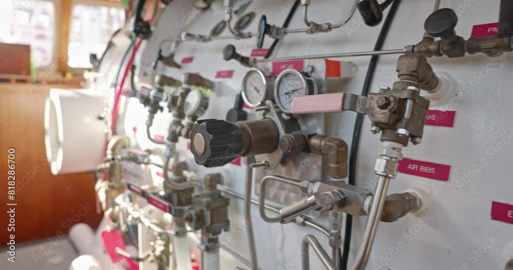 Side view of hyperbaric chamber with valves and pipes Side view of hyperbaric chamber with valves and pipes