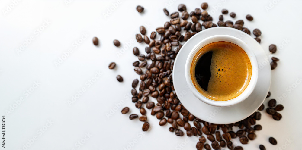 hot coffee in a white cup standing on a white background with scattered coffee beans top view. Mockup background with empty space for text, presentation coffee product. Generative AI hot coffee in a white cup standing on a white background with scattered coffee beans top view. Mockup background with empty space for text, presentation coffee product. Generative AI