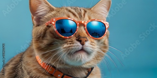 Potrait illustration of a cute cat wearing glasses to welcome the summer holidays on a blue background