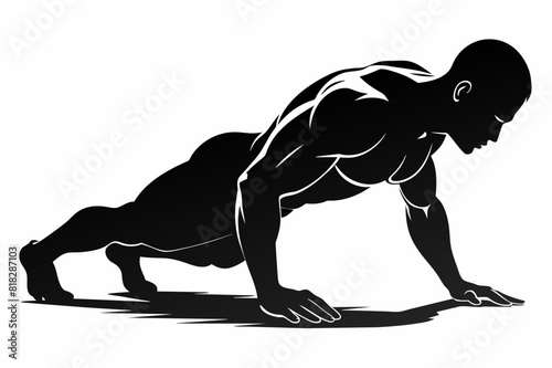 Bodybuilder performing a push-up on the ground vector silhouette 