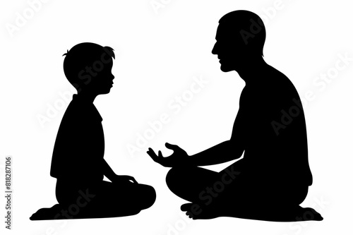 Father and son sitting in pose lotuse and watching to each other, talking, white background