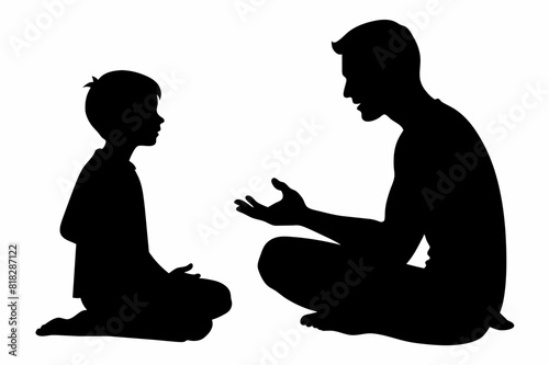 Father and son sitting in pose lotuse and watching to each other, talking, white background photo