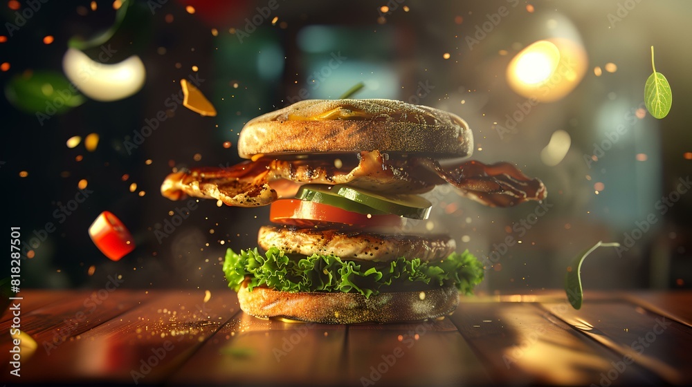 Freshly grilled chicken sandwich with flying Freshly grilled chicken sandwich with flying