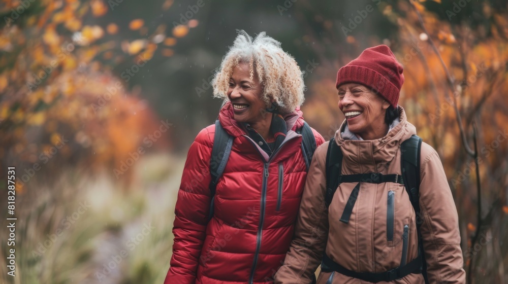 Senior LGBTQ couple adventuring on a hiking trail, holding hands and smiling Senior LGBTQ couple adventuring on a hiking trail, holding hands and smiling