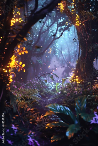 A mystical forest with glowing plants and magical creatures