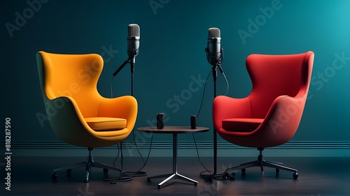  Two chairs and microphones in podcast or interview room isolated on dark background designs as a wide banner for media conversations or podcast streamers concepts with copy space design. 