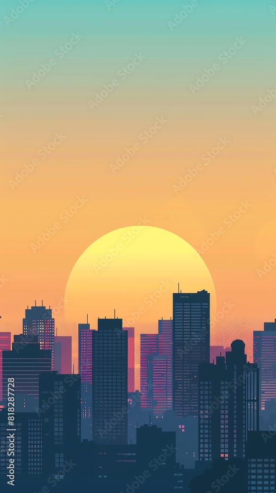 Fototapeta premium Cityscape in warm colors with a focus on the sunset and its reflection on the water. The image has a minimalist style and a limited color palette.