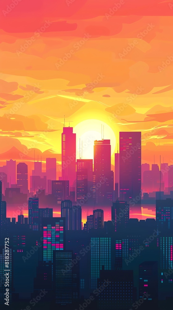 Create a digital painting of a cityscape at sunset