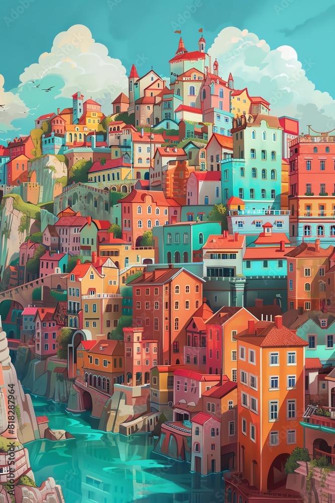 A beautiful illustration of a colorful town built on a cliffside overlooking the ocean
