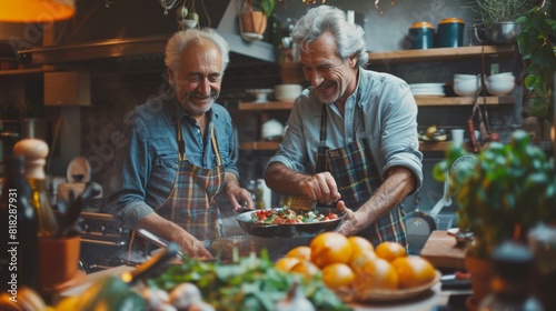 Senior LGBTQ couple preparing a meal together, enjoying each other's company in the kitchen photo