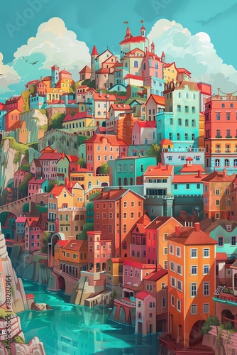 Obraz na płótnie A beautiful illustration of a colorful town built on a cliffside overlooking the ocean w salonie