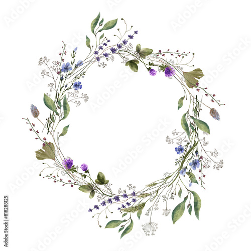 Wildflowers watercolor flowers. Wreath  bouquet with watercolor flowers. Transparent background.