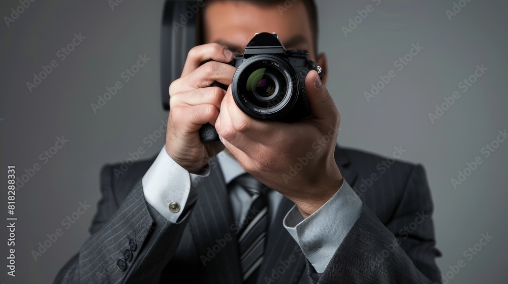 Businessman taking photo with modern camera. Studio portrait for business and professional concepts