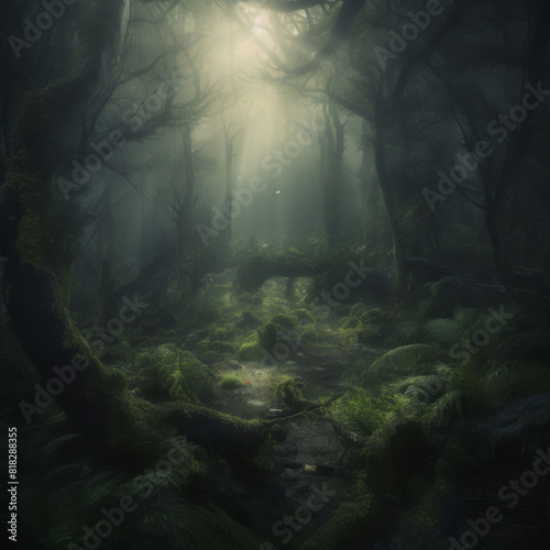 A forest with a path through it. The path is covered in moss and the trees are tall and dark