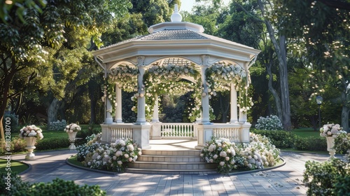 Fototapeta Naklejka Na Ścianę i Meble -  Elegant wedding gazebo adorned with white flowers amidst lush greenery. Perfect for outdoor ceremonies and romantic garden events.