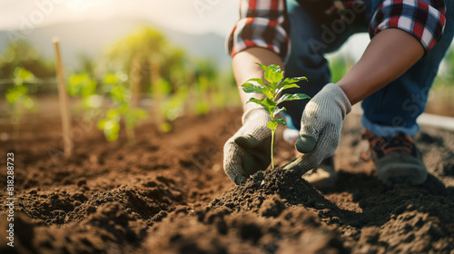 Person planting a young seedling in the soil, symbolizing growth, nurturing, and care, set against a sunny, outdoor garden background.