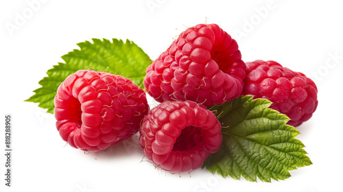 Ripe red raspberry with leaf isolated on a transparent background