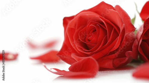 Close-up of a vibrant red rose with scattered petals on a white background  capturing the elegance and beauty of the flower.