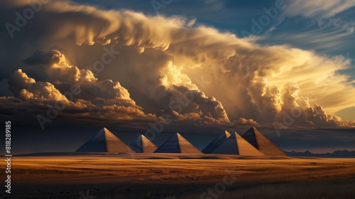 Dark Olive Stratocumulus Clouds Shaped Like a Series of Pyramids Over a Wind-Swept Plain photo