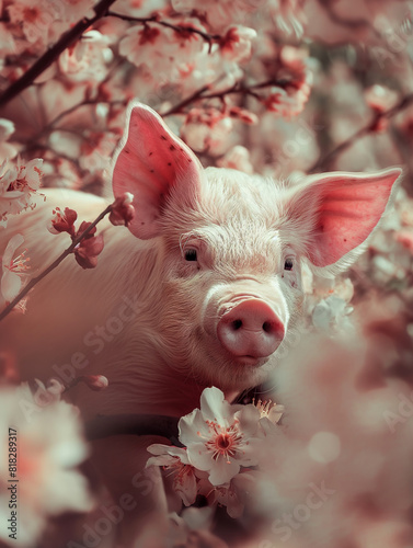 Um porco, gradiente dourado em flores, primavera, atmosfera romântica
