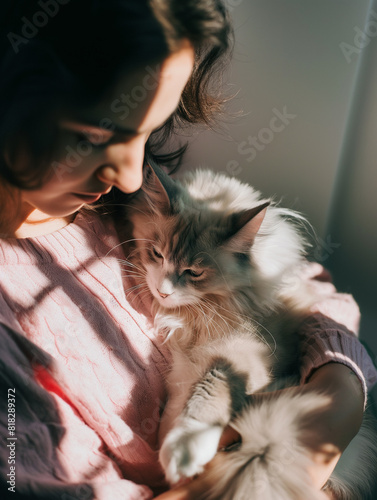 Mulher segurando gato  gato ragdoll  fundo roxo claro  fundo de cor s  lida  luz solar  luz e sombra