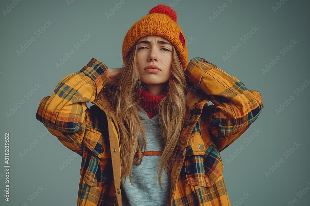 Person with an uncomfortable expression in winter gear Person with an uncomfortable expression in winter gear