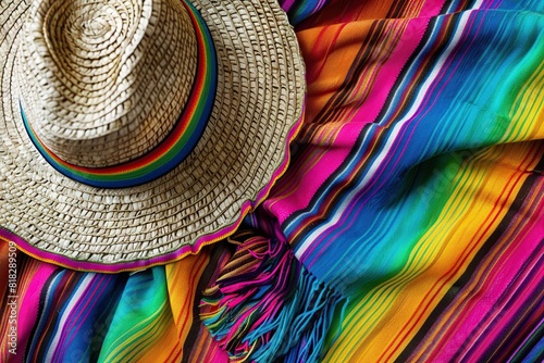 Mexican sombrero hat on colorful blanket background  close up