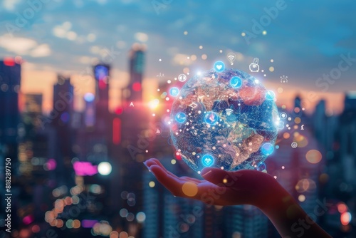 A hand holding up an earth globe with social media icons and connections  set against the backdrop of a bustling city skyline  with a focus on the face Generative AI