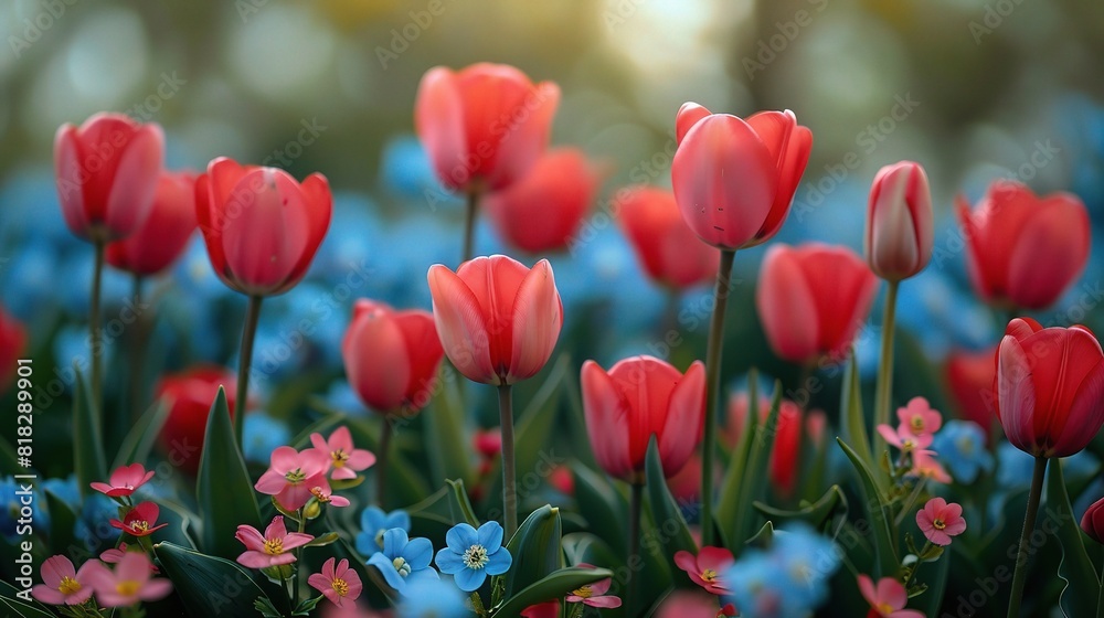 Obraz premium Bright spring brings colorful tulips blooming in a beautiful garden