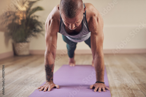 Man, yoga or high plank for health, wellness or body flexibility for practice routine with strength. Push up, zen yogi or male person in pilates session for mindfulness, wellbeing or balance on floor